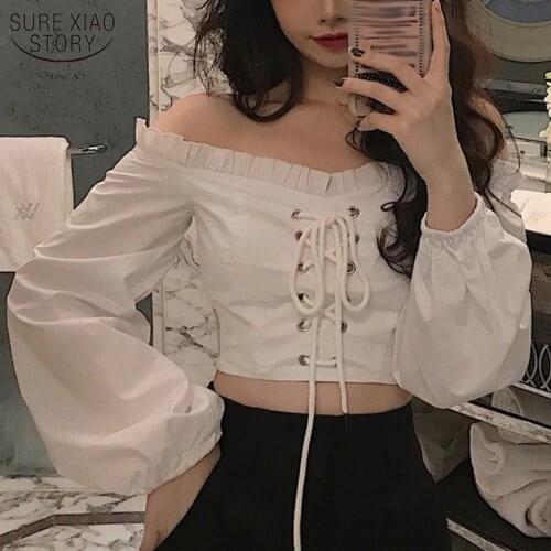 Vintage White Shirt Women Long Sleeve Solid Blouse Autumn Women Sexy Lace Up Womens Tops and Blouses Korean Style Tops 10164