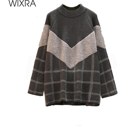 Wixra Oversized Sweater Womens Autumn Winter O Neck Patckwork Plaid Knitted Pullover Long Sleeve Streetwear Plus Size