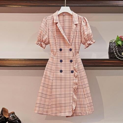 Plus size 2020 summer women plaid vintage short dresses notched puff sleeve double breasted ruffles mini dress office lady dress