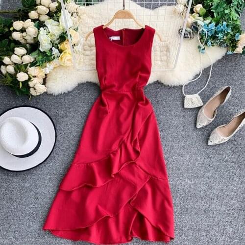 Women Summer Fashion Casual Ruffles Decoration Simple Pure Color Sleeveless Mermaid Dress Woman Bodycon Long Midi Dresses Red