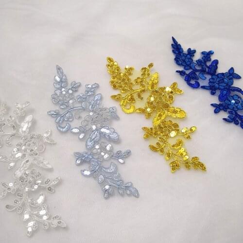 5Pcs Good Quality Delicate Embroidered Sequins Gold Sapphire Ivory Lace Applique Wedding Accessories multicolor Lace Cord DIY