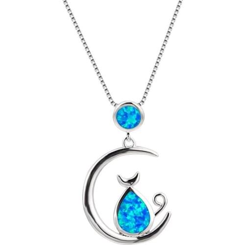 White Blue Opal Fashion Small Cat Necklace Vintage Silver Color Moon Pendants Necklaces For Women Wedding Jewelry Chain Necklace