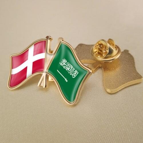 Denmark and Saudi Arabia Crossed Double Friendship Flags Lapel Pins Brooch Badges