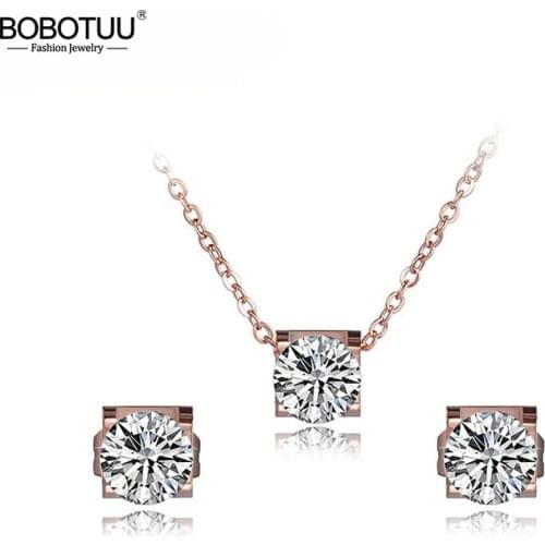 BOBOTUU Rose Gold Shiny Cubic Zirconia Earrings Necklaces Set For Women Stainless Steel Wedding Bridal Sets Jewelry BSE027