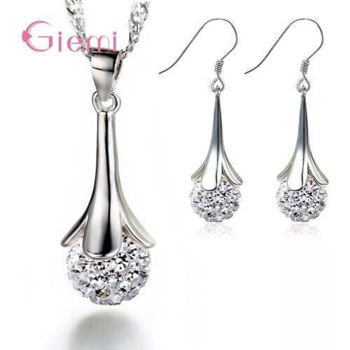 Simple Elegant 925 Sterling Silver Drill Ball Hook Earring Necklace For Women Girl Rhinstone Disco Ball Jewelry Sets