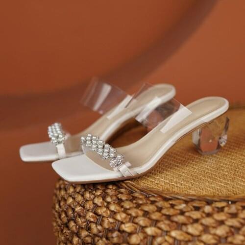 Leather Ladies Transparent Sandals Fashion Casual Womens Slippers Crystal High-heeled Handmade High-quality Womens Shoes New