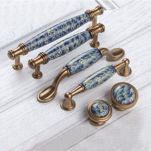Fashion Blue Leaf Hand Painted Ceramic Handle and Knobs Cupboard Dresser Cabinet Pull Knob Drawer Dresser Handles Closet Pulls