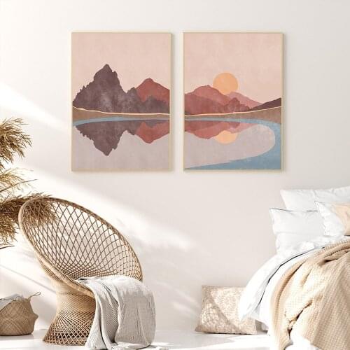 Boho Style Lake Mountain Canvas Poster Print Abstract Sunset Landscape Painting Nordic Wall Art Picture for Bedroom Decor