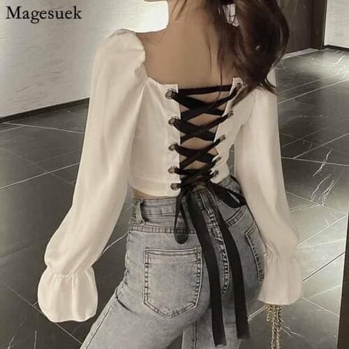 Sexy Vintage Back Hollow Cross Tie Short Tops Spring Ruffle Clavicle Long Sleeve Drawstring White Blouse Slim Black Shirt 12577