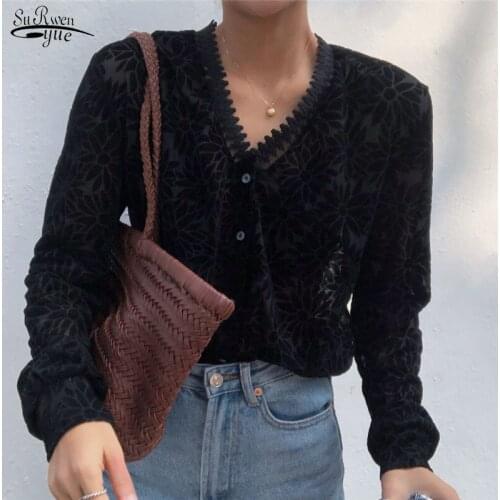 Early Autumn Korean Chic See Through Long Sleeve Lace Womens Shirts Black Sexy V-neck Lace Stitching Shirt Blusas Mujer 11358