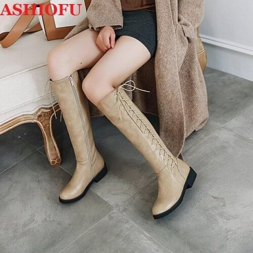 ASHIOFU Wholesale Hot Sale New Womens Boots Crisscross Straps Block-heel Knee Boots Western Rome Evening Fashion Winter Boots