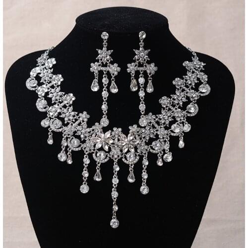 Luxury Silver Color Crystal Flowers Bridal Jewelry Set For Women Statement Necklace Earring Rhinestone Tiara Wedding Accessories