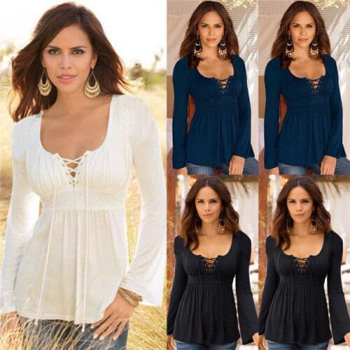 Sexy Bandage Womens Tops and Blouses Ladies Lace Long Sleeve Casual Loose V Neck T-Shirt Autumn Blouse Tops Women Clothes