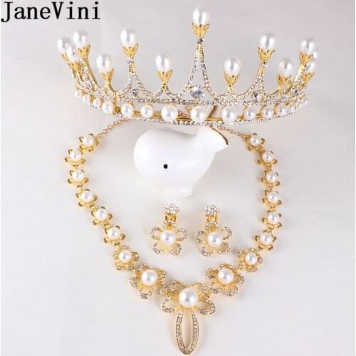JaneVini Gold Floral Pearl Wedding Necklace Crown Set 3 Pieces Bridal Hair Accessories Jewelry Women Party Necklaces Tiara Sets