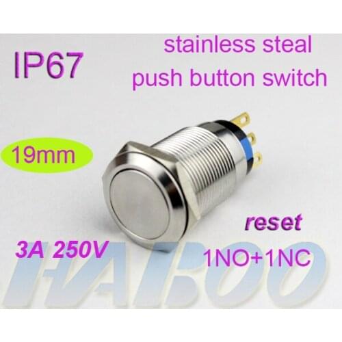 Waterproof IP67 HABOO dia.19mm anti-vandal reset metal push button switch 250V 3A flat head shipping free