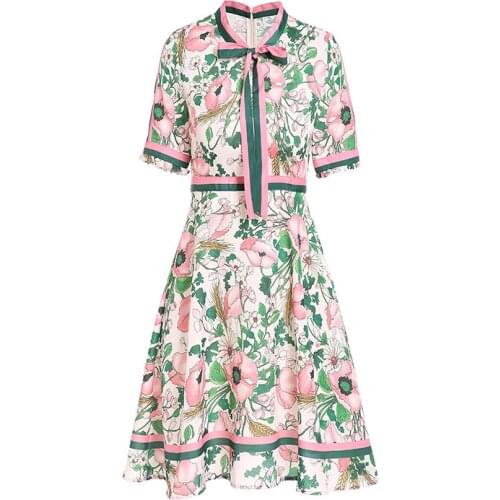 PERHAPS U Pink Flower Print Mini Short Dress Summer Lace-up Bow Collar Zipper Short Sleeve D1637