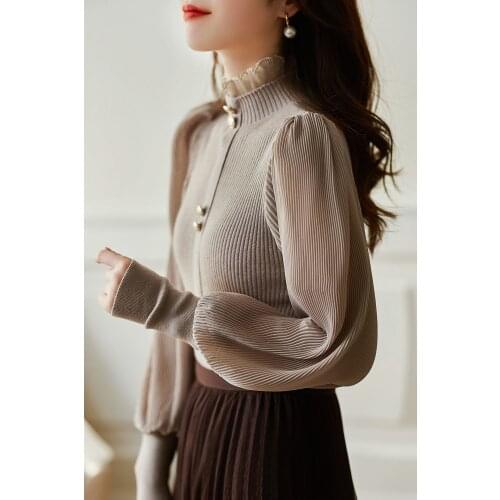 2021 Spring Autumn New Style Elegant Feminine Style Fungus Half High Collar Fold Lantern Sleeve bottomed T-shirt