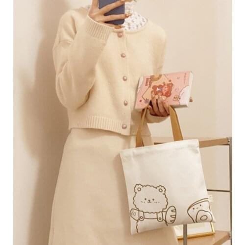 Women Mini Canvas Tote Cute Bear Print Small Simple Handbag Cotton Cloth Bags For Shopping Lovely Decoration Purse For Girls