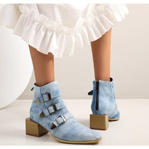 OLOMLB Womens Pointy Toe Denim Jeans Snake Pattern Ankle Boots Belt Buckle Square Heel Shoes Warm Winter 3Colors Plus Size