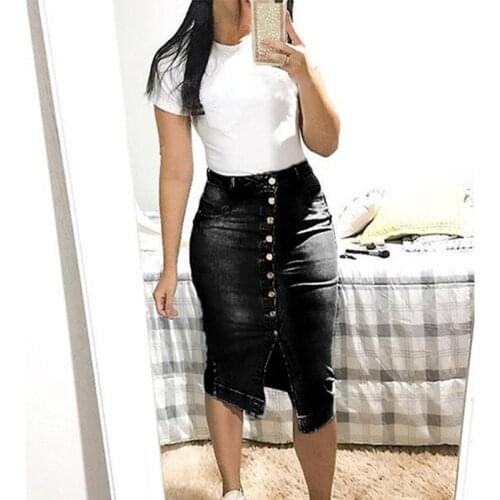 Women Fashion High Waist Denim Distressed Jeans Bodycon Long Skirt Buttons Pockets Split Bandage Jeans Skirt