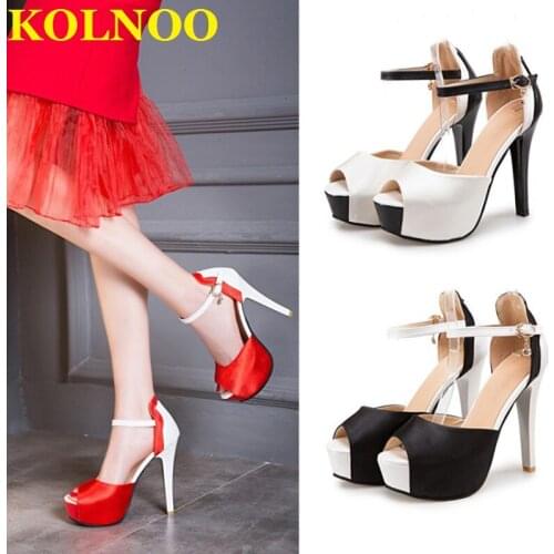 KOLNOO Newest Handmade Womens 12.5cm Super High Heels Sandals Patchwork Peep-Toe Buckle Ankle Strap Sexy Platform Fashion Shoes