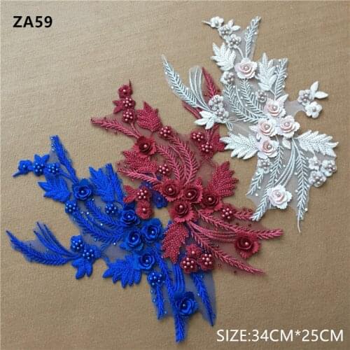 1 pair high-grade diamond embroidery bead lace black beige navy red purple pink blue green wedding dress veil clothing patchZA59