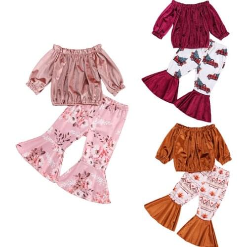 2020 0-5Y Kids Baby Girl Vintage Clothing Off Shoulder Velvet Long Sleeve Top+Floral Print Flare Pants Long Trousers Autumn 2pcs