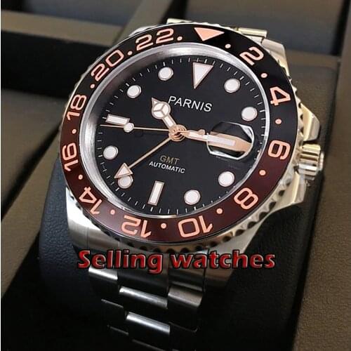 40mm PARNIS Sapphire Crystal GMT Automatic machinery movement rotateing bezel Luminous mens watches