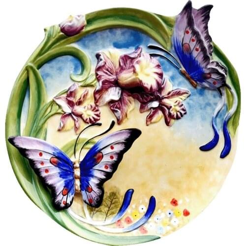 8 Inch Hand-painted Ceramic Wall Hanging Plate Decorative3D Butterfly Art Handmade Collectible Home Living Room Hotel Decor Gift