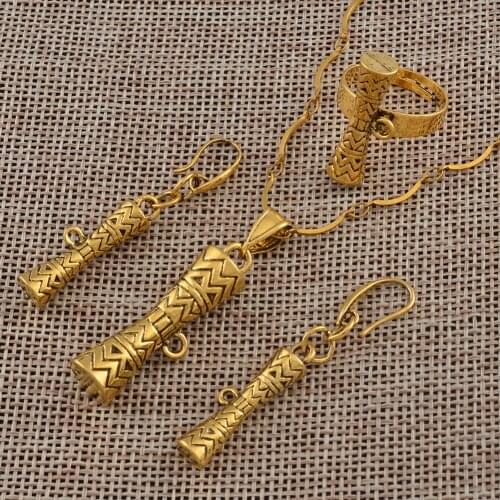 Anniyo Gold Color Papua New Guinea Drum Pendant Necklaces Earrings Ring set PNG Style Kundu Jewelry sets #130406