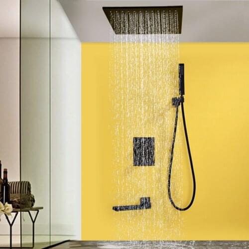 Black Wall Mount Rainfall Shower Faucet Set Concealed Bathroom Faucets System 16'' Head Swivel Tub Spout Mixer Tap
