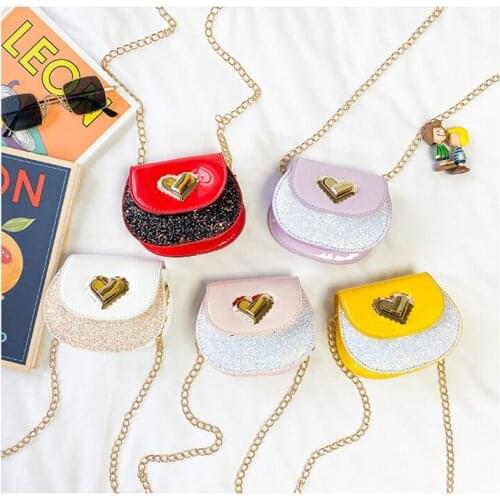 Kids Girl Leather Crossbody Purse Sequin Heart Shoulder Bag with Chain Strap Zipper Shoulder Bag Keys Card Holder Mini Wallet