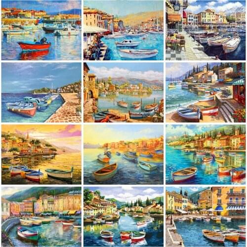 KAMY YI Pier Boat Oil Painting Style Diamond Painting Cross Stitch Set 5D Diy Full Diamond Embroidered Mosaic Home Decoration