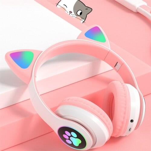 Flash Light Cute Cat Ears Bluetooth-compatible Wireless Headphone With Mic Can Control