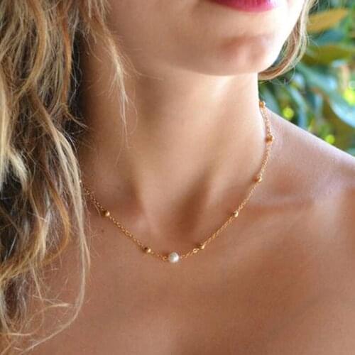 Minimalist Simulated Pearl Chokers Necklace for Women Girls Gold Color Alloy Beads Chain Pendant Charm Necklaces Beach Jewelry