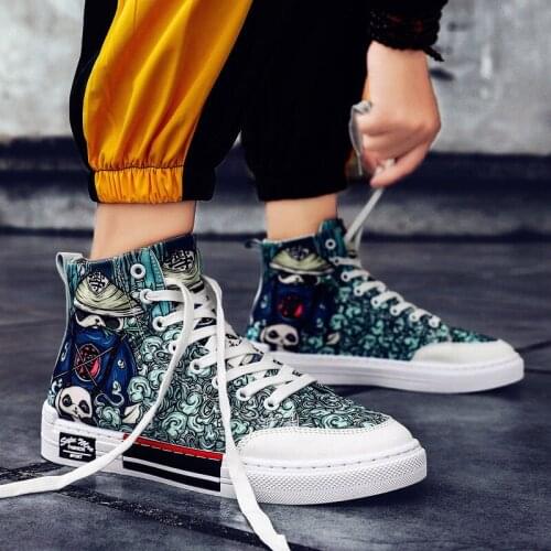Autumn fashion graffiti high-top canvas shoes mens Chinese style board shoes trend retro print casual mens fashion shoes