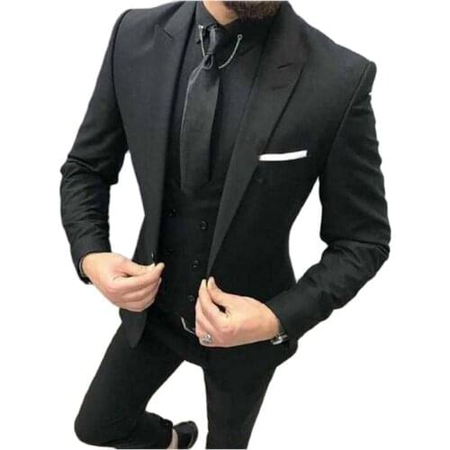 Slim Fits One Button Black Mens Prom Party Business Suits Blazers Groom Tuxedos Clothing Sets (Jacket+Pants+Vest+Tie) W:1089