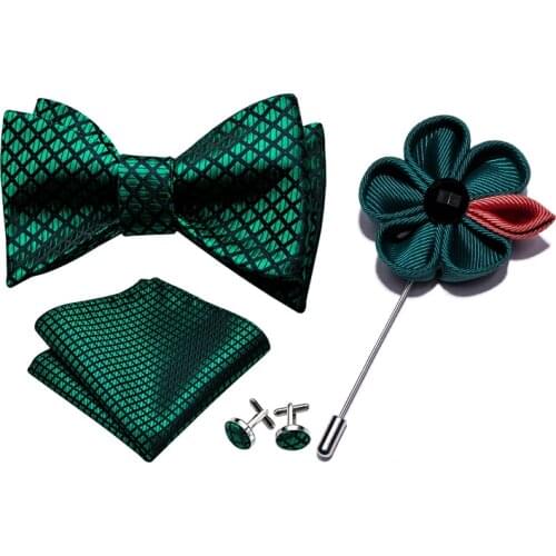 Solid Green Bowtie for Men Self-tied Bows Silk Tie Set Pocket Square Cufflinks Boutonniere Gift for Wedding Party Barry.Wang