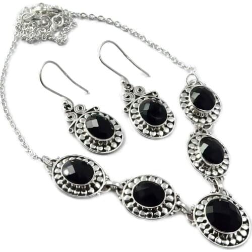 Genunie Cut Black Onyx Necklace + Earrings set 925 Sterling Silver, 46.5 cm, MHBNE0158