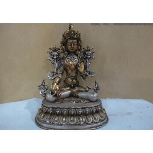 Song voge gem S0605 9.5 Tibet classical Copper Silver gilt White TaRa Guan Yin goddess Buddha Statue
