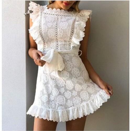 New embroidered lace wood ear A-line dress Summer cute sweet white dress multiple sizes available breathable and cool