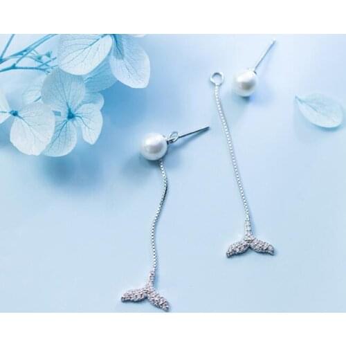 Authentic Real 100% 925 Sterling Silver fine Jewelry mermaid Tail Sea Fish &Shell Pearl Long Earrings GTLE2370