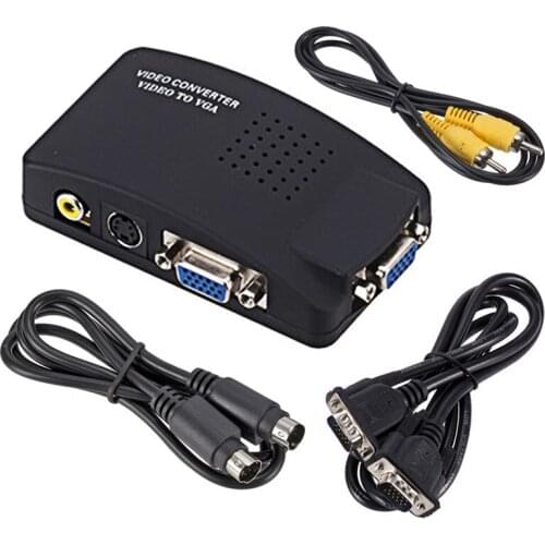 Full Set AV To VGA Video Converter S-Video to VGA Box VGA Input to VGA Output Video Switch Box For Computer Laptop AT
