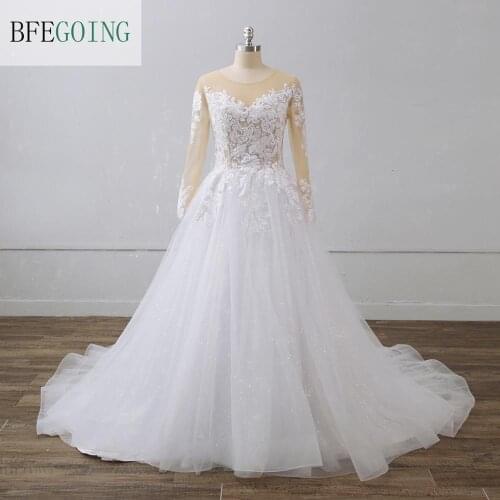 Luxurious White Tulle Lace Long sleeves Bridal gown Floor-Length A-line Wedding dresses Chapel Train Custom made