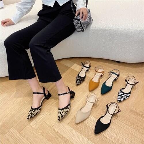 Ladies Sandals 2021 New Pointed Thick Heel Woven Sandals Ankle-Wrap Hollow Strap Shoes Comfortable Non-slip Womens Shoes