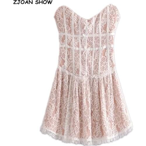 Sexy Strapless Women Lace Dress Bow Front V neck Fit and Flare Party Mini Dresses With lining
