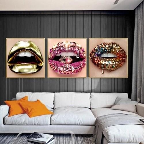 Nordic Modern Gold Lips Sexy Diamonds Shine Women Canvas Painting Art Posters And Prints Wall Canvas Pictures For Beauty Shop