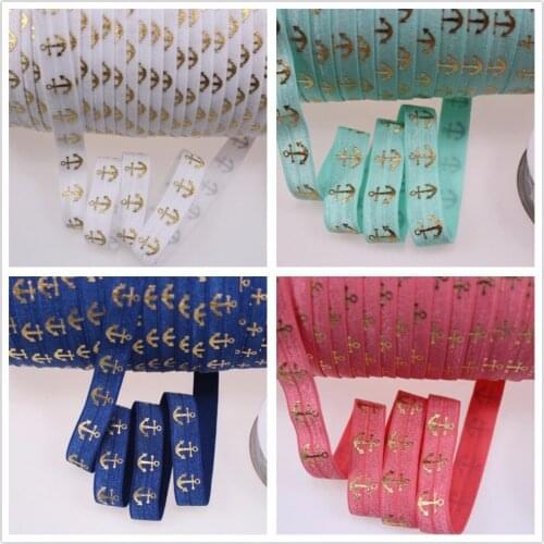 4 colors gold foil anchor print fold over elastic ribbon, 5/8" elastic ribbon 100yards/roll