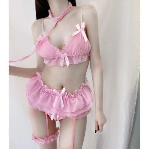 Japanese Sexy Seductive Lingerie Temptation Princess Erotic Cosplay Outfit Anime Garter Lace Three-Point Suit Pink Girl Bikini