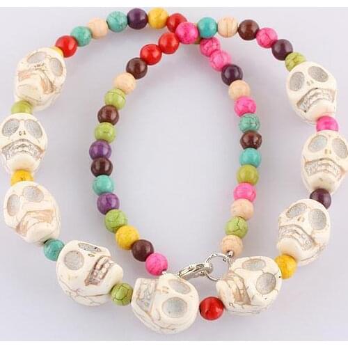 TUMBEELLUWA Multicolor Howlite Stone Carved Skull Skeleton Jewelry Necklace